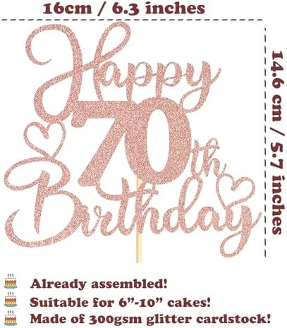 Sotpot 1 Pack 70th Birthday Cake Topper Double-sided Rose Gold Glitter Cake Pick Cake Decoration for Happy 70th Birthday Anniversary Party Decorations