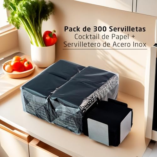 Pack of 300 Black Paper Cocktail Napkins + Stainless Steel Table Napkin Holder – Micro-Dot Texture – Thicker and More Absorbent – 10 x 10 cm Folded – Hostelnovo