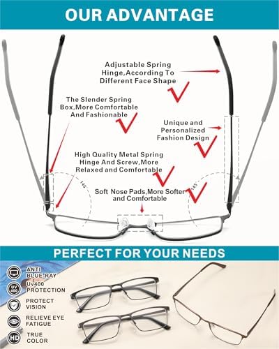 acavefox 3 Pack Blue Light Blocking Reading Glasses Men Readers Anti Glare UV Lightweight and Sturdy Full Frame Metal Spring Hinge Eyeglasses 1.25+
