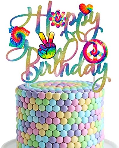 C L cooper life Tie Dye Happy Birthday Cake Topper - Gold, 1pc, 7.9 x 6.8 inches - Tie Dye Party Decoration for Carnival, Baby Shower, Birthday