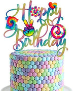 C L cooper life Tie Dye Happy Birthday Cake Topper - Gold, 1pc, 7.9 x 6.8 inches - Tie Dye Party Decoration for Carnival, Baby Shower, Birthday
