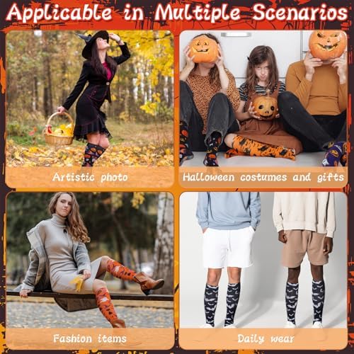 5 Pairs Halloween Non Slip Compression Socks for Women Men 20-30 Mmhg Knee High Anti Skid Compression Socks with Grips Support for Nurses Pregnancy Running Travel