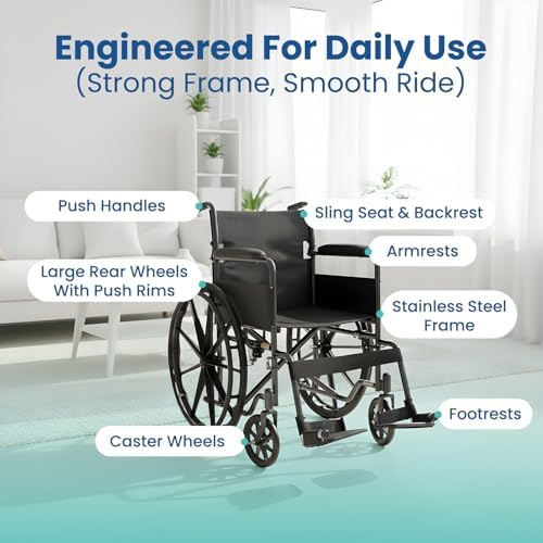 Wheelchair for Adults, Lightweight Foldable Manual Wheelchair, Self-Propelled Wheelchair with 24 Inch Rear Wheels, Swing-Away Footrests, 19 Inch Seat, Steel Frame, 250 lb Capacity, Black