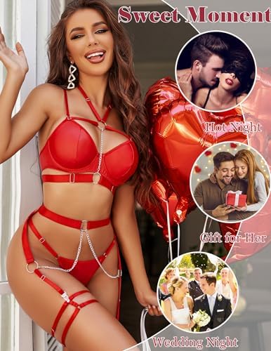 Avidlove Lingerie Set for Women Sexy Strappy 5 Piece Lingerie Garter with Underwire Push Up Bra and Chain