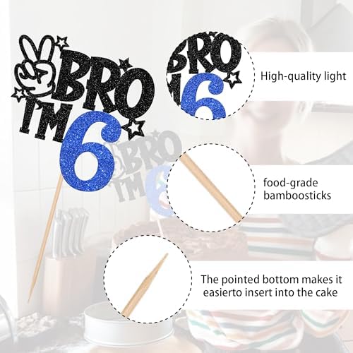1 PCS Brother I'm 6 Cake Topper Glitter Star Happy 6th Birthday Cake Pick Bro I'm 6 Cake Decoration It's My 6th Birthday Decorations for Boys Cheers to 6 Years Old Birthday Party Supplies Blue