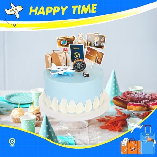 24 Pcs Travel Cake Topper Decorations Let The Travel Around The World Theme Cupcake Toppers Mini Suitcase Airplane Cameras Miniature Compass for Journey Birthday Decorations