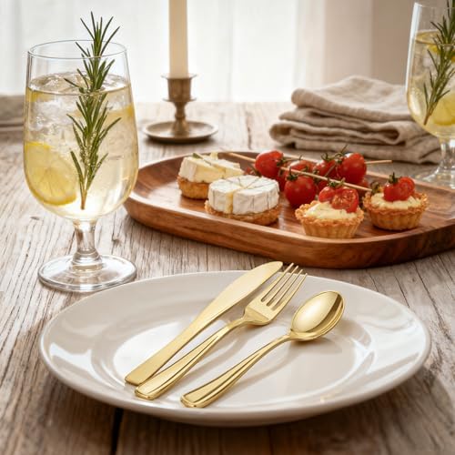 WDF300 Pieces Gold Plastic Silverware - Heavy Duty Disposable Cutlery Set Plastic Gold Silverware Set Includes 100 Forks, 100 Spoons, 100 Knives for Party Baby Shower Wedding Spring