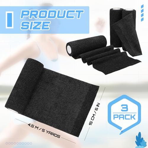 Nuanchu 3 Pcs Self Adhesive Cohesive Wrap Bandages 6 Inches x 5 Yards Non Woven Athletic Tape Breathable Self Adherent Bandage Wrap Elastic Sports Gauze Rolls Tape for Wrists, Knee, Ankle(Black)