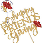 Happy Friends Giving Cake Topper - Thanksgiving Cake Decor, Thankful Grateful Blessed, Thanksgiving Autumn Festival Party Decorations Gold Glitter