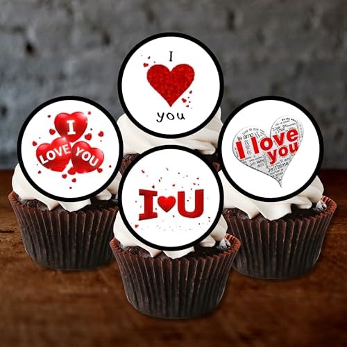 I Love You Edible Cupcake Toppers, Valentines Day Cake Decorations, Engagement and Proposal Cake Toppers, Anniversary Cookie Decor. PRECUT 4cm / 1.5 inch (12)