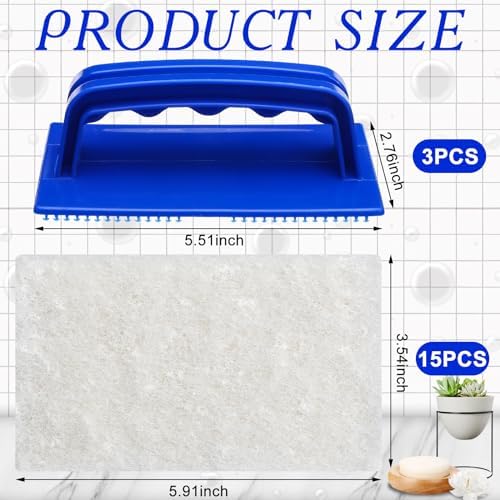 Maxdot 18 Pcs Handled Bath Scrubber Set, 15 Bathroom Scouring Pad 3 Bathtub Scrubber with Handle Non Scratch Soap Scum Remover for Cleaning Sink Shower Tile Swimming Pool Step Corner(Blue and White)