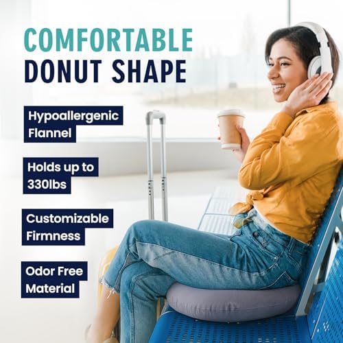 Dr. Frederick’s Original Inflatable Donut Pillow - 18" Seat Cushion for Tailbone Pain, Hemorrhoids & Bed Sores – Doctor-Developed for Postpartum, Prostatitis & Travel - Odor-Free, Durable Vinyl - Gray