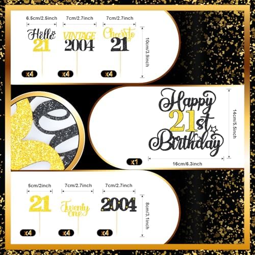 21st Birthday Decorations Cake Cupcake Toppers Set, Black Gold Glitter Happy 21stBirthday Cupcake Cake Topper Birthday Decorations for Him Her Boy Girls Men Women (1piece + 24pcs)