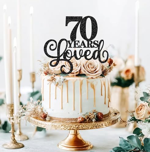 70 Years Loved Cake Topper - Black Glitter 70th Birthday & Anniversary Cake Decoration for Women Men Party Supplies, Photo Booth Props