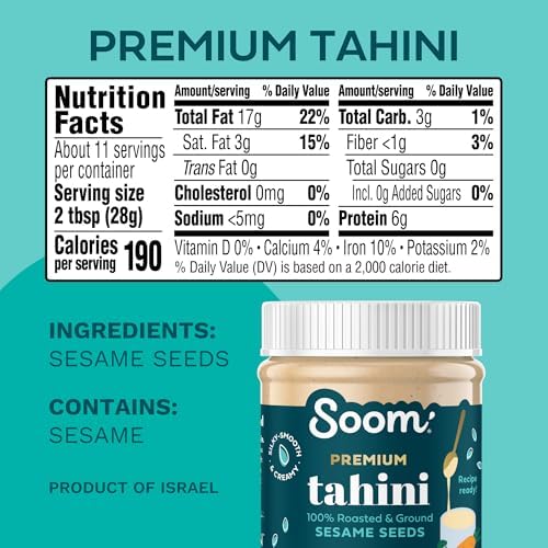 Soom Foods Premium Tahini 11oz (2 Pack) | Roasted & Ground Sesame Seed Paste | Creamy Tahini for Dubai Chocolate, Hummus, Sauces | Vegan, Nut-Free, Gluten-Free, Kosher, Keto, Paleo, Whole30