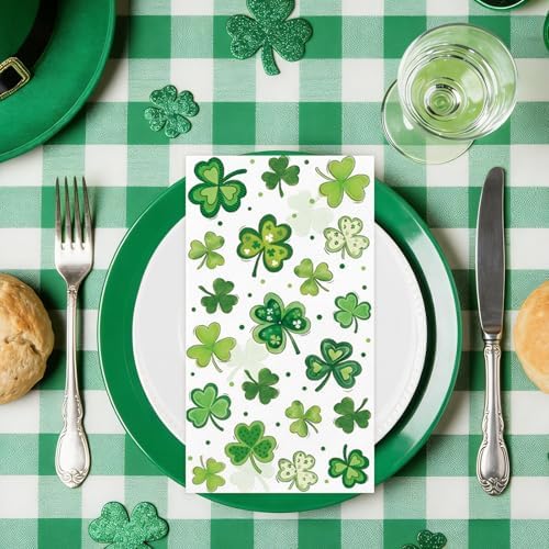 100 Pcs St. Patrick's Day Guest Napkins Green Shamrock 3 Ply Disposable Hand Paper Towels Lucky Clover Decorative Dinner Napkins for Holiday Birthday Spring Irish Party Table Supplies