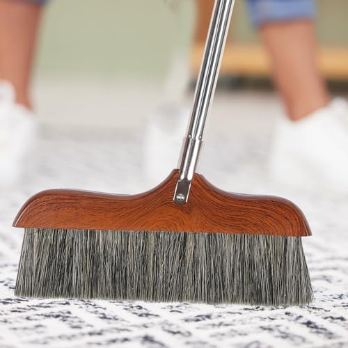 Yardwe Horse Hair Soft Bristle Broom Wooden Handle Angle Broom Floor Cleaning Broom Hair Removal Sweeper Carpet Sweeping Brush for Indoor Outdoor Kitchen
