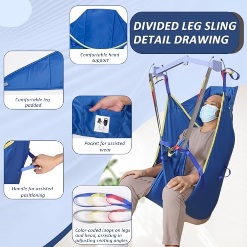 EZ Assistive Patient Lift Universal Padded Sling with Head Support, Lift U-Sling for Patient Transfer and Reposition Home Use, 500lbs (Blue, Large)