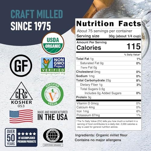 Great River Milling Organic Millet Flour | USDA Organic, Naturally Gluten Free, Non-GMO, Vegan, Kosher | Mild, Nutty Flavor for Baking, Flatbreads, Pancakes & Porridge | 5 Lb.