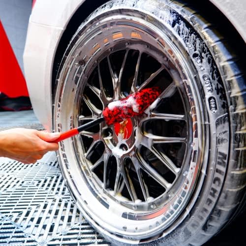 Professional 4 Pack Long Handle Wheel Brush Kit for Cleaning Wheel and Tire- 2X Soft Wheel Cleaning Brush, Detailing Brush and Stiff Tire Brush, Bendable& Durable Wheel Rim Cleaner Brush Set