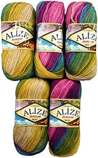 Alize Burcum batik wool 5 x 100 gram multicolored with color gradient , 500 grams (17,63 oz) knitting wool 1150 yds (1050 meters) purple, lilac, green, beige 4341