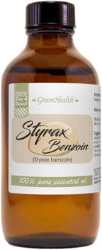 GreenHealth Styrax Benzoin Oil – 100% Pure Aromatherapy Grade – 4 fl oz – Thick Resinous Oil for Diffusers, Candles, Incense, DIY Blends – Amber Glass Bottle