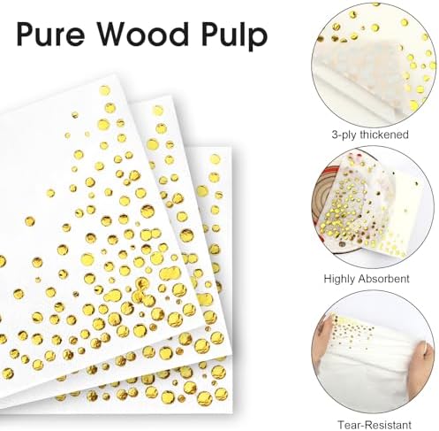 100 Pcs Gold Cocktail Napkins, 3-Ply Party Paper Napkins, 5 x 5 Inches Bar Napkin Disaposable for Weddings, Birthdays, Baby Showers, Anniversaries, and Cocktail Parties (White)