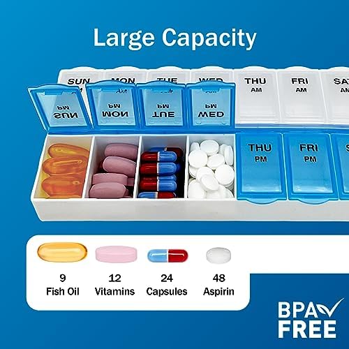 Amazon Basic Care (7-Day) AM/PM Pill Organizer, Vitamin Case, And Medicine Box, Large Compartments, 2 Times a Day, Blue and Clear Lids