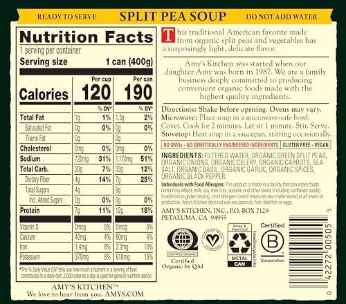 Amy's Soup, Vegan Split Pea Canned Soup, Gluten Free, Made With Organic Split Peas and Vegetables, 14.1 OZ (6 Pack)