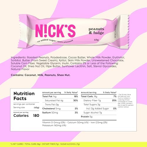 NICKS Peanuts & Fudge Keto Chocolate Bars No Added Sugar 180 Calories, 4 Net carbs, Gluten Free Sweets Low carb Candy Snack Bar – 15-Pack (40g Each)