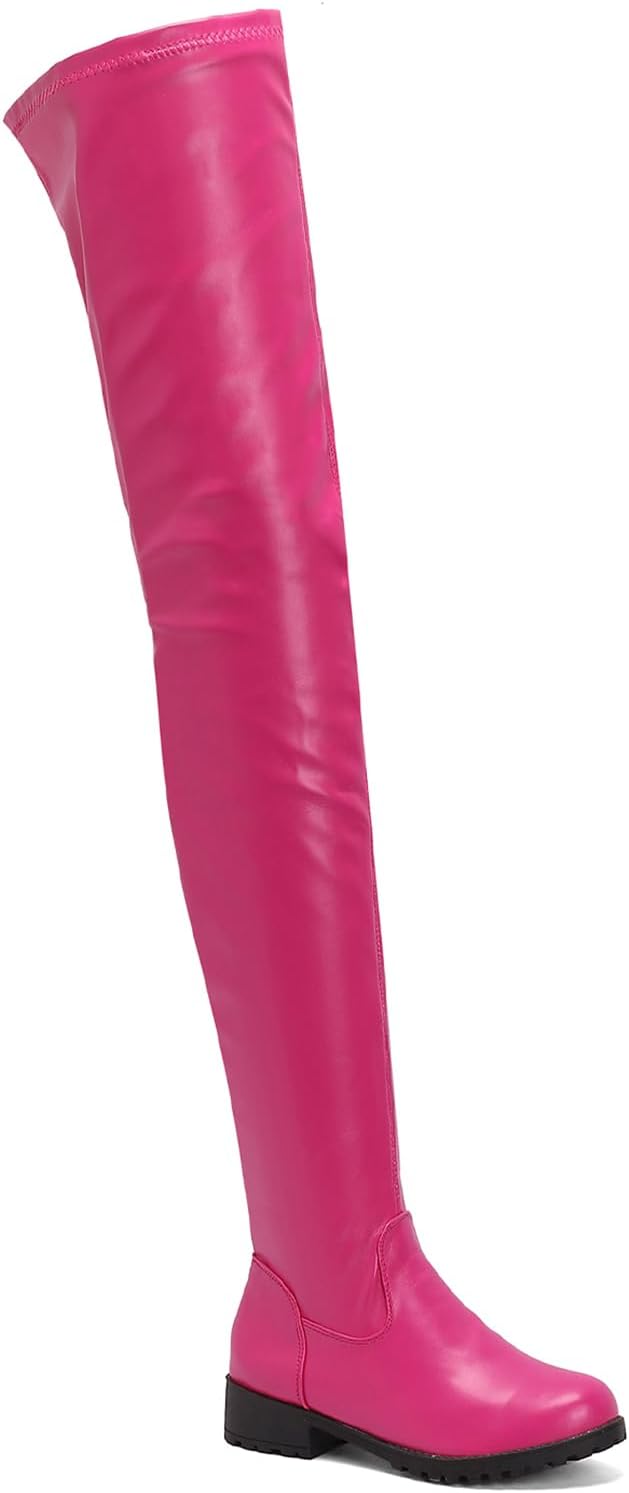 Thigh High Boots for Women Over the Knee - Sexy Patent Leather Chunky Block Heel Boots, Stretchy Fitted Side Zipper for Rave Party Clubbing Festival Y2K - Black Red Pink