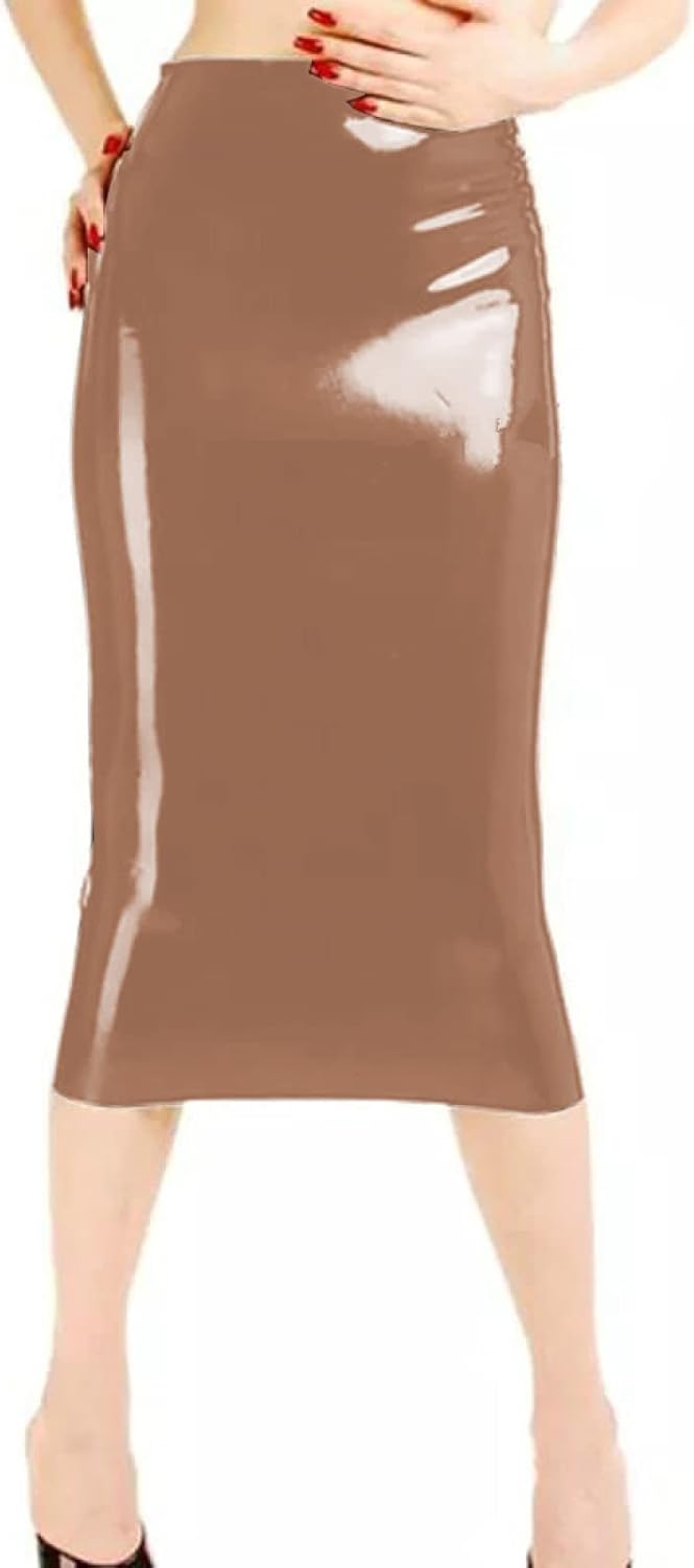 JXUN Knee Length Lady Skirt Sexy Open Buttock Skirt Nightclub Performance Costume Hollow Out PVC Midi Skirt,Light Brown,XXL