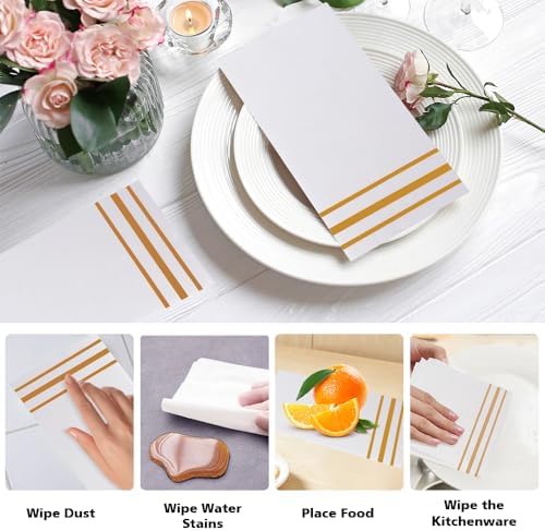Napkins Disposable Paper Napkins 50 Pack Paper Hand Towels Absorbent Dinner Napkins White and Gold Napkin Guest Towels Tissue Party Napkin for Bathroom Dinner Wedding Kitchen Party Event Decorative