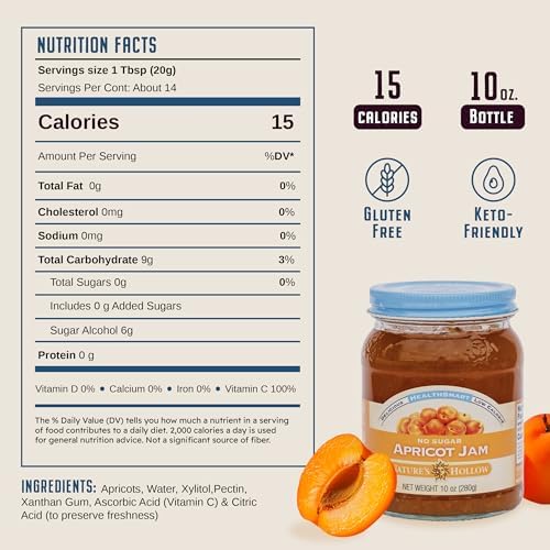 Nature's Hollow Apricot Jam: Sugar Free Jam and Preserves, Low Cal, Non GMO, Keto Jam, Vegan, Gluten Free, and Diabetic Friendly - Sugar Free Jelly - 10oz Pack of 6