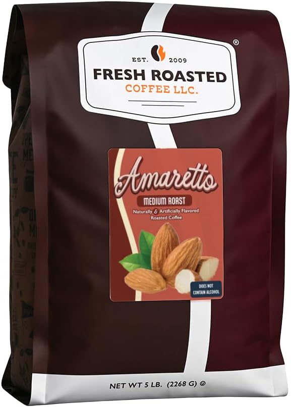 Fresh Roasted Coffee, Amaretto Flavored Drip Ground Coffee, Medium Roast, Kosher, 5 lb (80 oz)
