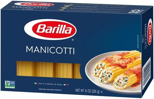 Barilla Manicotti Pasta, 8 oz. Box - Non-GMO Pasta Made with Durum Wheat Semolina - Kosher Certified Pasta