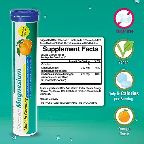 German Magnesium Oxide Supplement | Effervescent Tablets | Orange Flavor – 200 mg Magnesium per Serving | Sugar Free, Vegan – T&D Pharma – Made in Germany