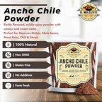 Ancho Chile Powder 4 oz Premium Single Ingredient From Mexico El Molcajete Brand for Sauces, Salsa, Pasta, Chili, Meat, Pizza, Potatoes, Vegetables, Soups, Stews, Chicken and BBQ