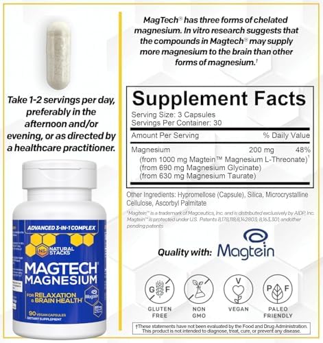 MagTech Magnesium Complex for Women & Men - 3 Forms of Magnesium: Glycinate, Magtein L-Threonate & Taurate - 200mg Chelated Complex - Support for Relaxation & Brain Health - 90 Glycinate Capsules