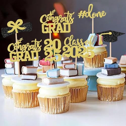 36 PCS Graduation Cupcake Toppers Grad Party Decoration Food Picks Congrats Glitter Diploma Cap School Colors Supplies - Gold