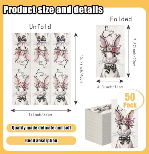 HEIPINIUYE 50 Pieces Happy Easter Paper Napkins 3-ply Easter Bathroom Napkins Guest Disposable Hand Towels Dinner Napkins for Easter Party Rabbit Paper Guest Towels