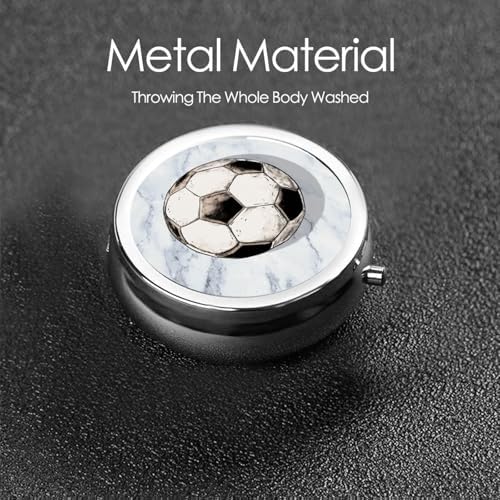 Soccer Ball On Marble Round Pill Case, Portable Pill Box for Pocket Metal Medicine Vitamin Organizer 3 Compartment Three Times A Day