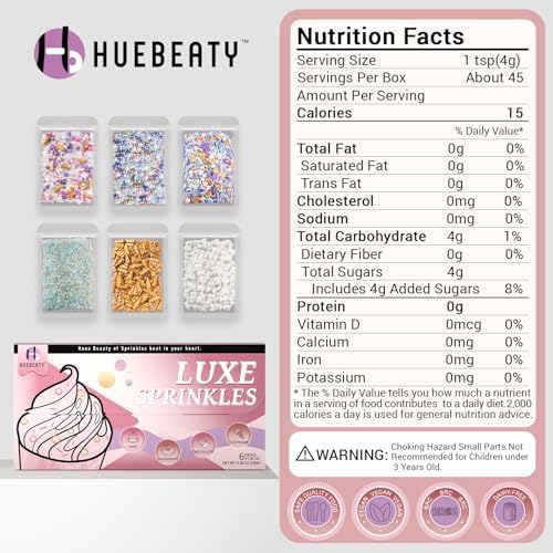 HUEBEATY® 6-in-1 Unicorn Sprinkles Edible Set – 180g Unicorn Golden Horn Candy, Star Confetti & Jimmies Mix, Pearls & Sugar Crystals – Edible Unicorn Cake Decorations for Cupcakes, Cookies, Ice Cream & Birthday Desserts