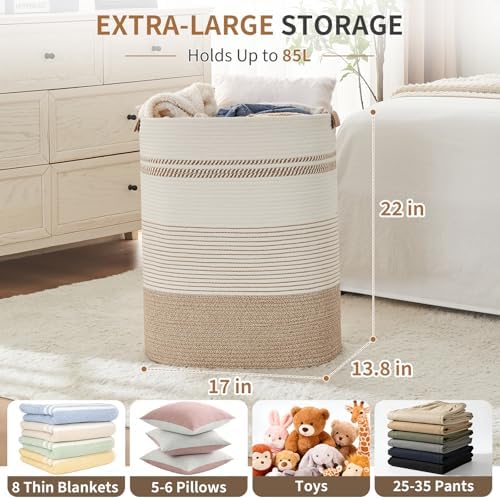 AINUOQI Laundry Basket with Handles - Blanket Basket & Hampers for Bedroom Aesthetic, Laundry Hamper & Blanket Storage for Living Room, Clothes Hamper, Tall, Large 17" x 14" x 22”, Light Brown & White