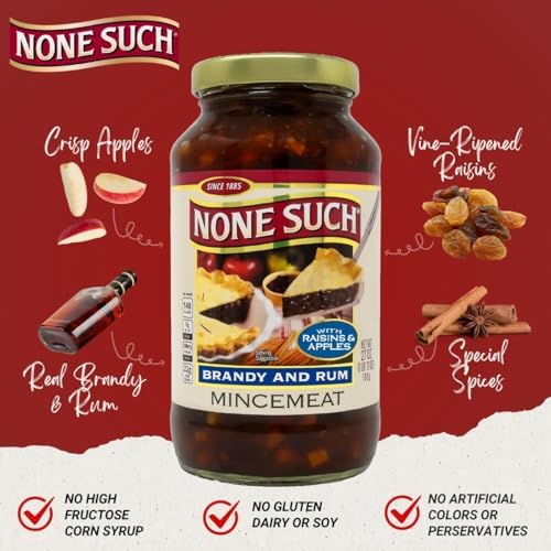None Such Mincemeat Brandy & Rum – Classic Pie Filling with Apples, Raisins & Spices, 27 oz Glass Jar (Pack of 3), Holiday Baking Dessert Ingredient, Gluten-Free