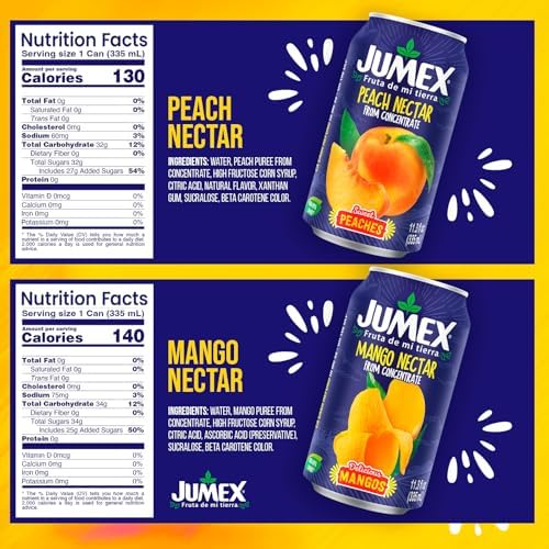 Jumex Mango Nectar Juice & Peach Nectar - Made with Fresh Fruit Puree - Tropical Fruit Juice Concentrate for Smoothie Mix, Cocktail Mixers & Kids Beverages - 11.3oz, 12 Pack Canned Drinks