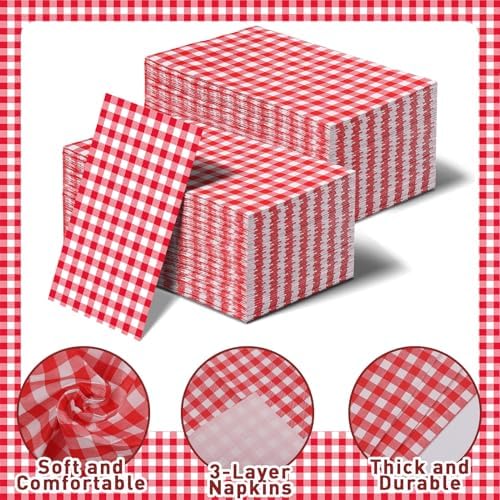 100 Pcs Red Gingham Napkins Disposable - Red and White Checkered Paper Napkins - Plaid Dinner Napkins for Picnic BBQ Birthday Wedding Party Supplies