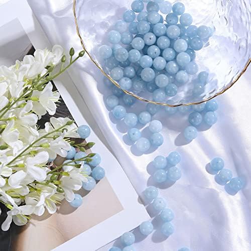 Natural Stone Beads 100pcs 6mm Aquamarine Round Smooth Crystal Beads Loose Gemstone with Crystal Stretch Cord for Jewelry Making, DIY Bracelet Necklace Earrings (Aquamarine, 6MM)