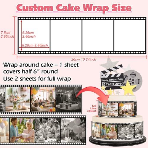 Custom Edible Cake Wrap Topper – 4 Photos (1:1), Film Strip Border, 10.2in L × 3in H