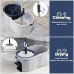 Spin Mop and Bucket Set 180° Swivel Mop Head Adjustable Telescopic Handle Dual Chamber Bucket 3 Refills Dual-Action Wringing Hand-Press Foot-Peda Hands-Free Self-Cleaning System for All Floor Types